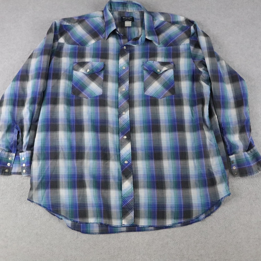 Wrangler Shirt Mens 2XL XXL X-Long‎ Tails Western Pearl Snap Plaid Long Sleeve